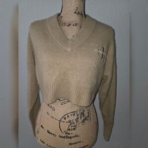 Calvin Klein Jeans XS Cropped V-Neck Sweater Tan Logo Long Sleeve Y2K Minimalist